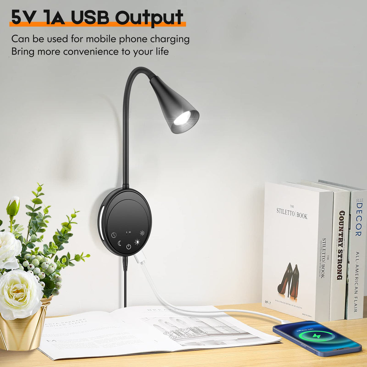 SANKEDOU gooseneck lamp rotates 360 degrees for flexible bedside lighting