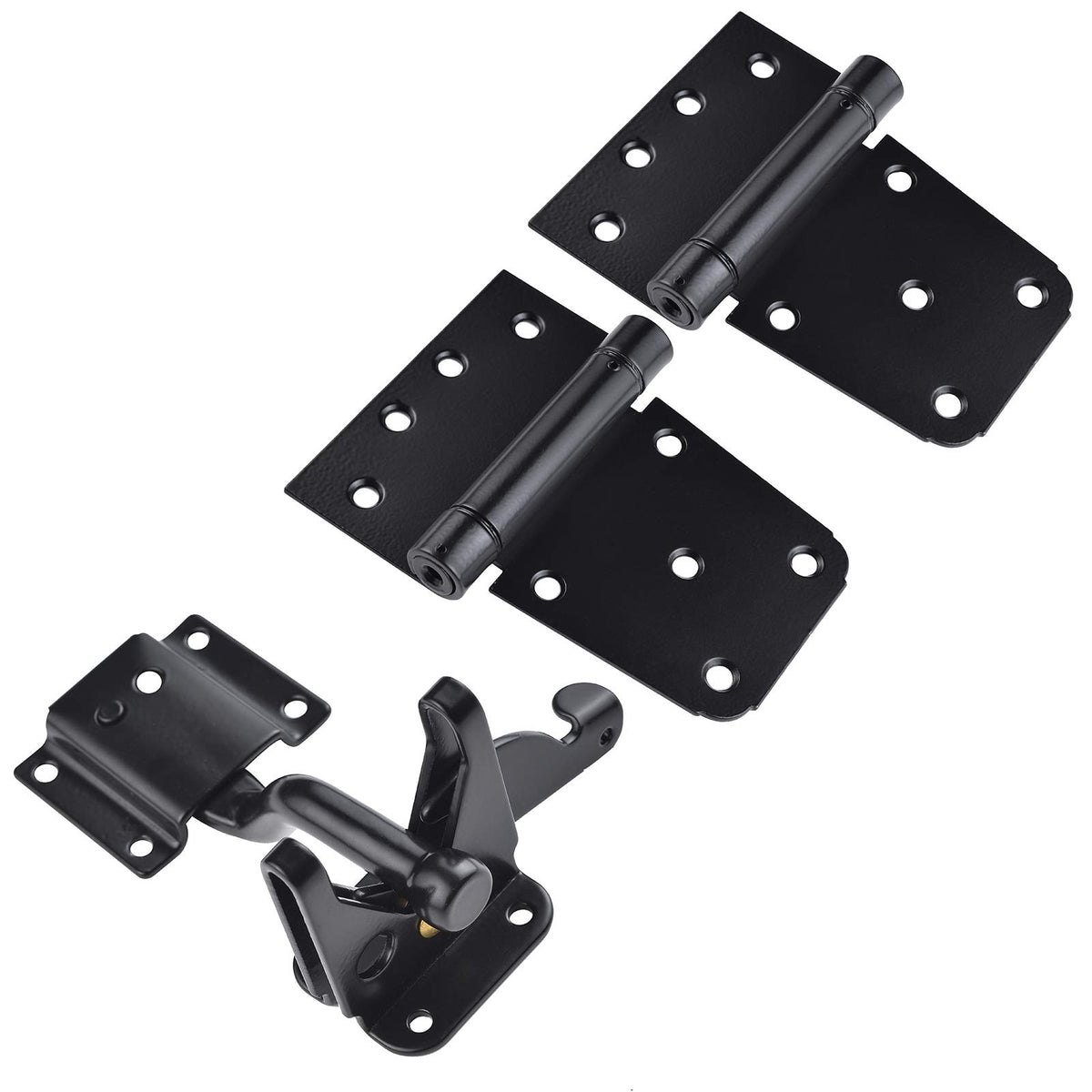 SANKINS black finish gate hardware set resists rust on wood or vinyl gates.