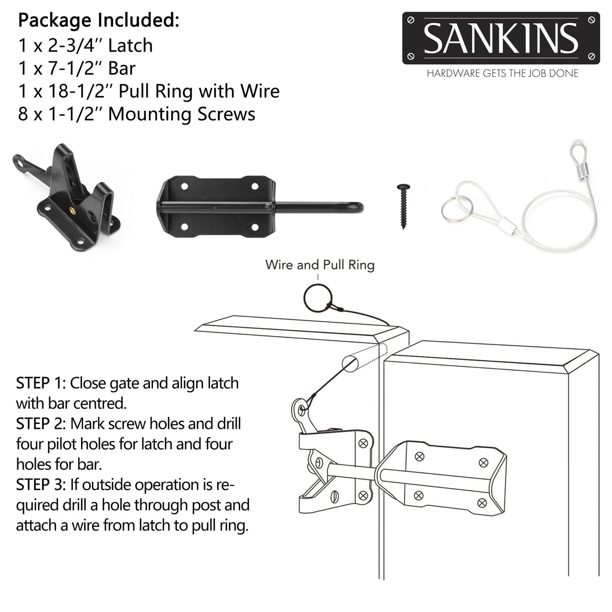 SANKINS durable yard gate latch for wood and metal fences.