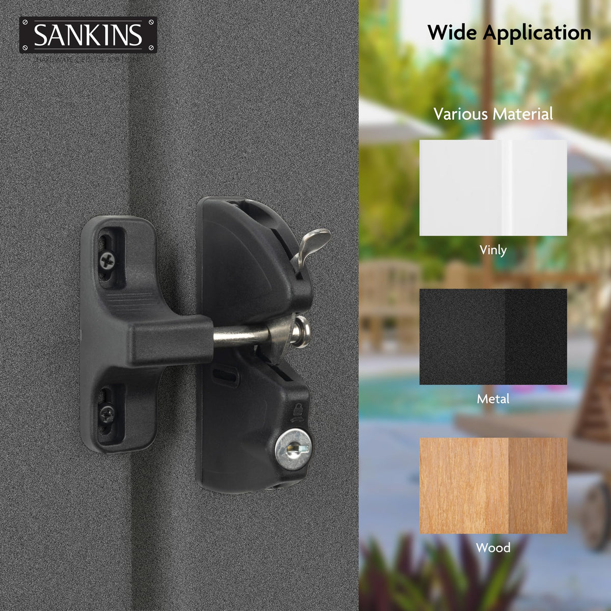 SANKINS weather-resistant latch with easy installation and included hardware for quick setup.