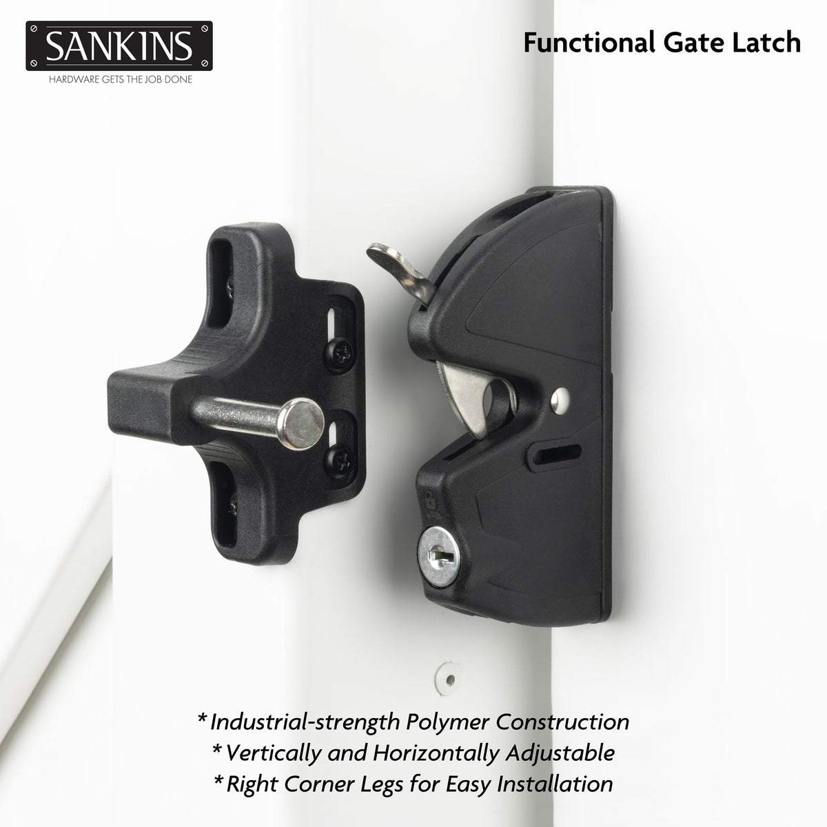SANKINS exterior keyed entry gate latch on an outdoor fence for added security.