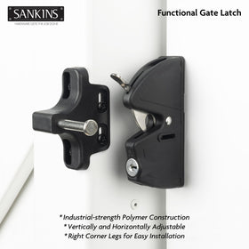 SANKINS exterior keyed entry gate latch on an outdoor fence for added security.