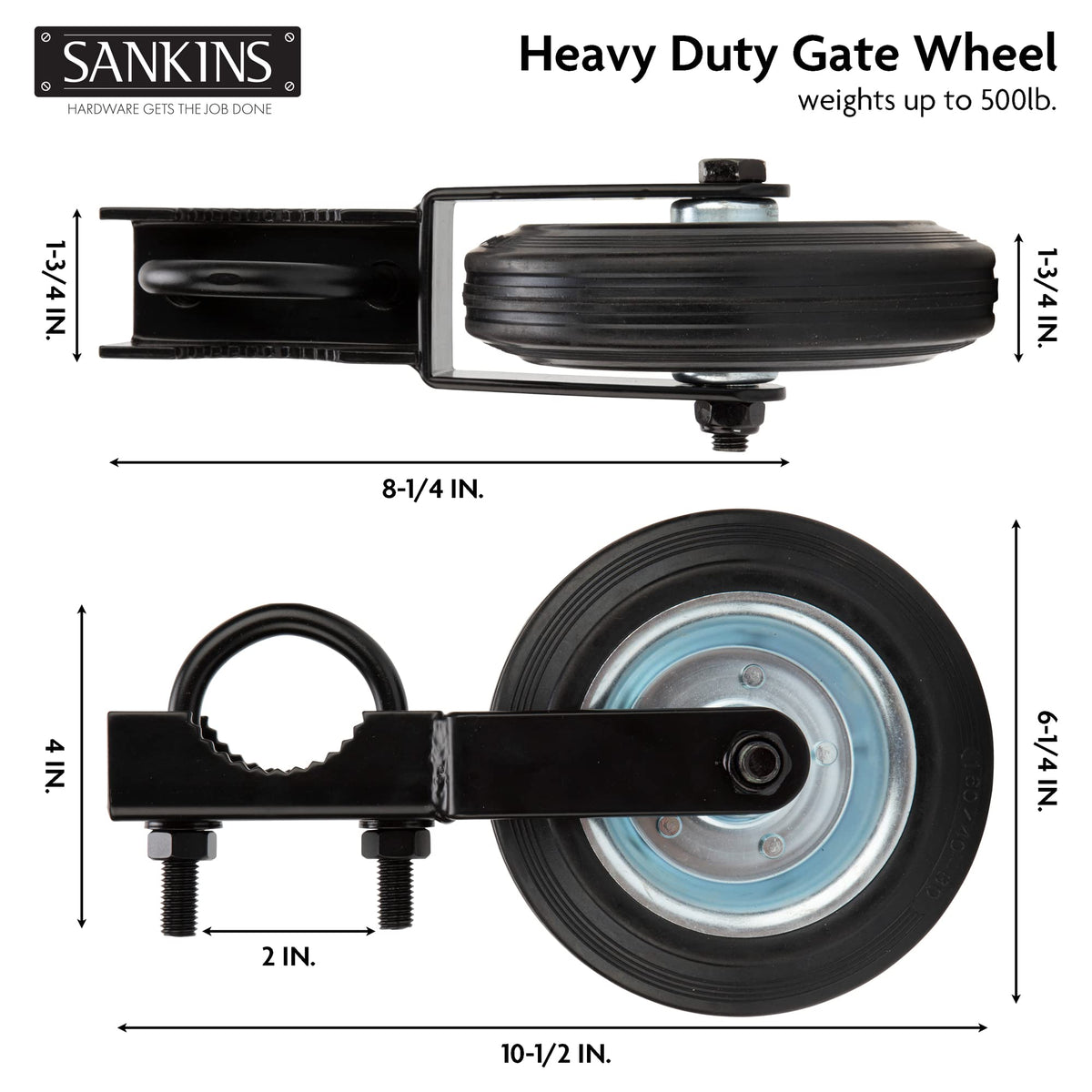 Close-up of SANKINS wheel showing tire-grade rubber and durable steel.