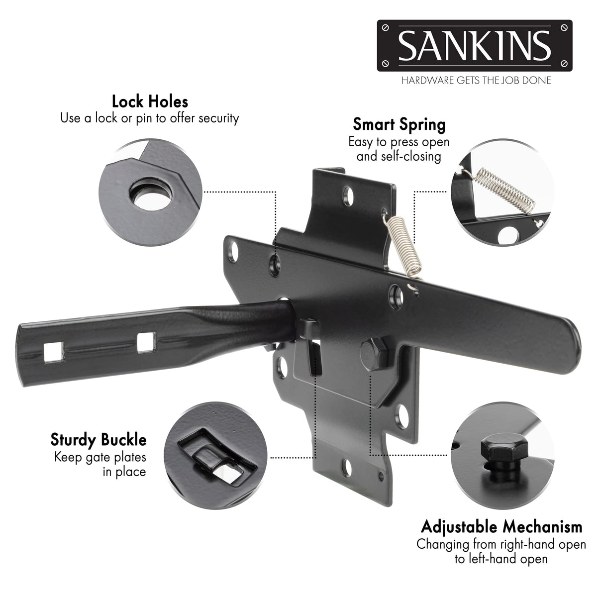 SANKINS gate latch installed on a pool fence with mounting plate and fasteners