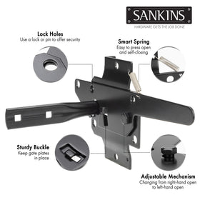 SANKINS gate latch installed on a pool fence with mounting plate and fasteners