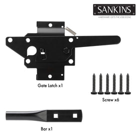 SANKINS heavy-duty latch with black anti-rust finish on backyard gate