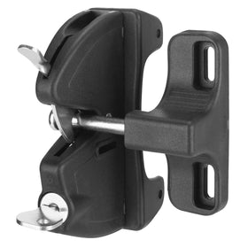 SANKINS key lockable double-sided gate latch front view showing secure dual access for outdoor gates.
