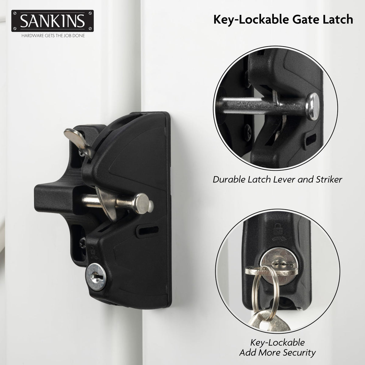 SANKINS outdoor gate latch installed on a weathered surface showing resistance to elements.