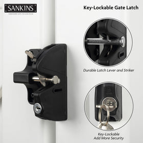 SANKINS outdoor gate latch installed on a weathered surface showing resistance to elements.