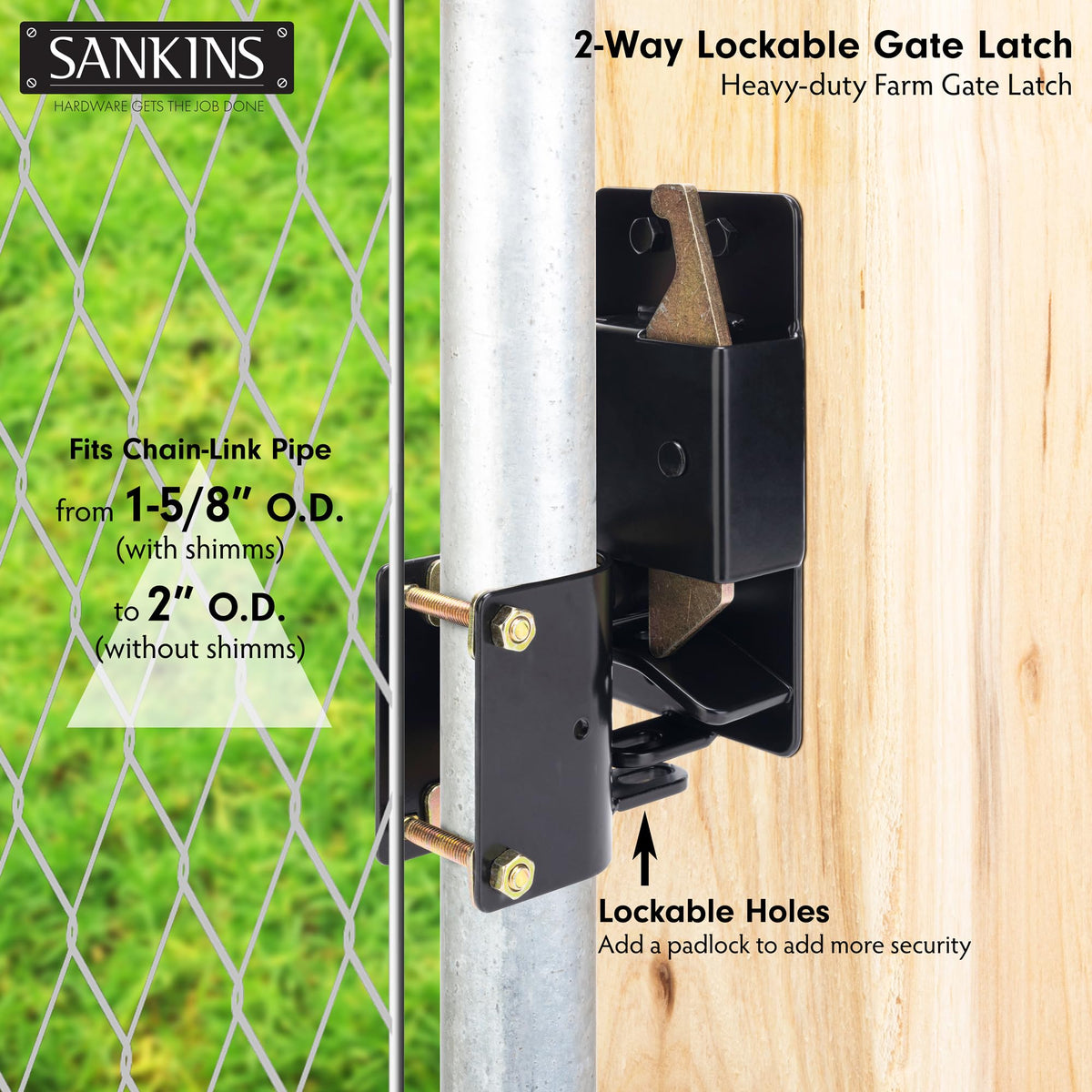 Padlock hole on SANKINS 2-Way Gate Latch enables secure one-handed operation