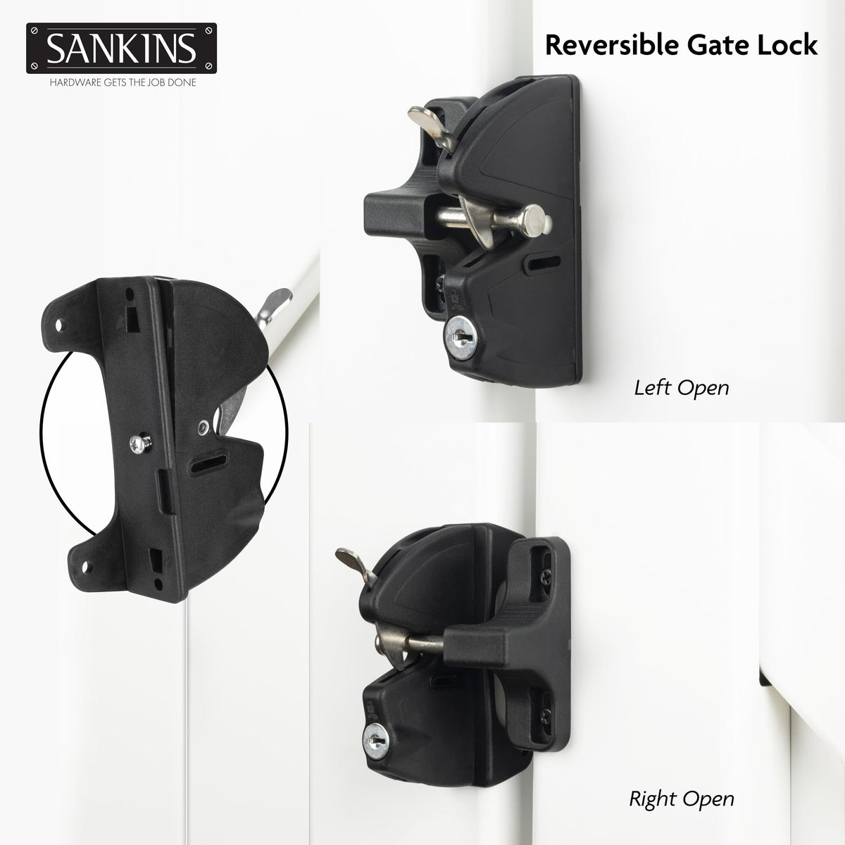 SANKINS reversible design gate latch enabling left- or right-opening gates installation.