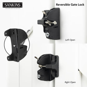 SANKINS reversible design gate latch enabling left- or right-opening gates installation.
