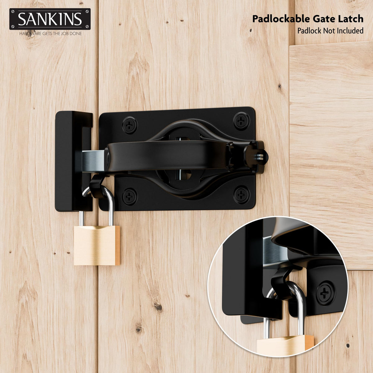 SANKINS Swinging Shed Door Latch designed for double-action doors on sheds and fences.