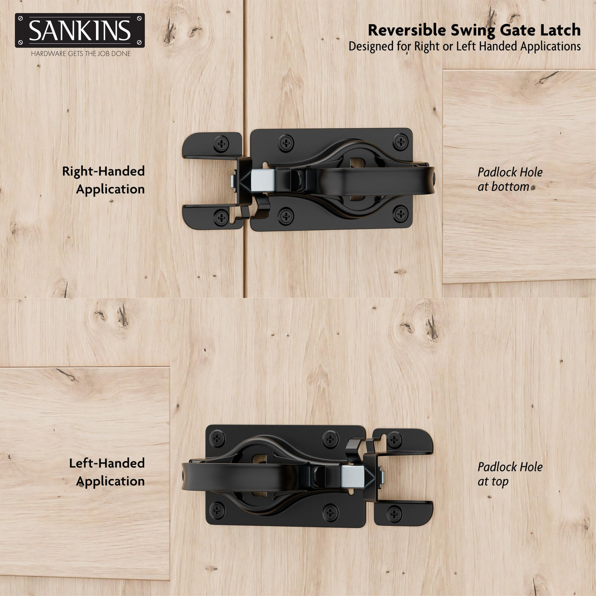 SANKINS Swinging Shed Door Latch premium steel with black powder coating for weather resistance.