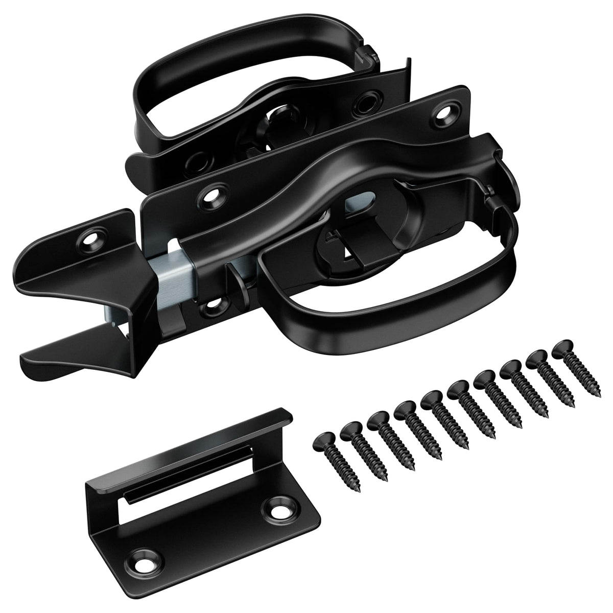 SANKINS Swinging Shed Door Latch front view with dual-sided grip for easy inside-outside access.