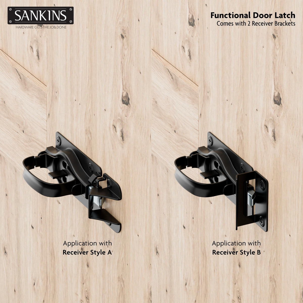SANKINS Swinging Shed Door Latch hardware and guide for simple installation.