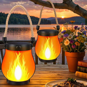 SANMOON solar flame lantern hanging on porch with warm glow for outdoor ambiance