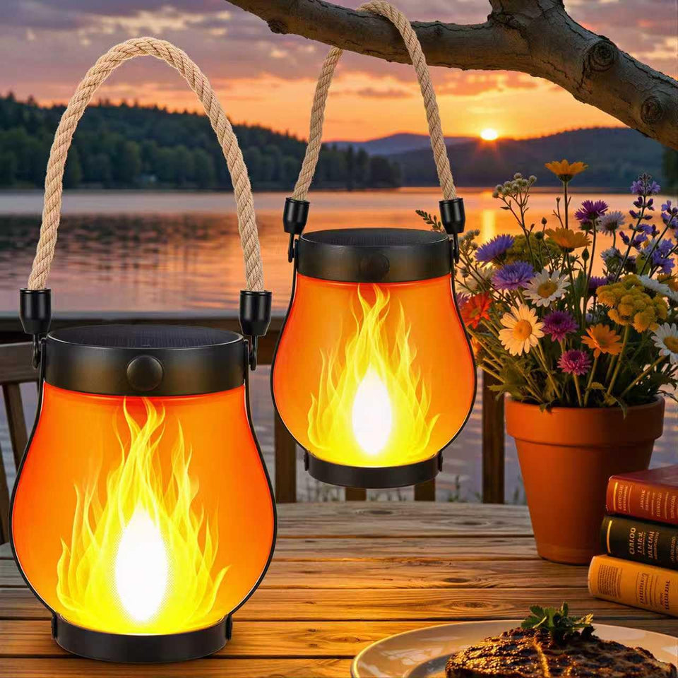 SANMOON solar flame lantern hanging on porch with warm glow for outdoor ambiance