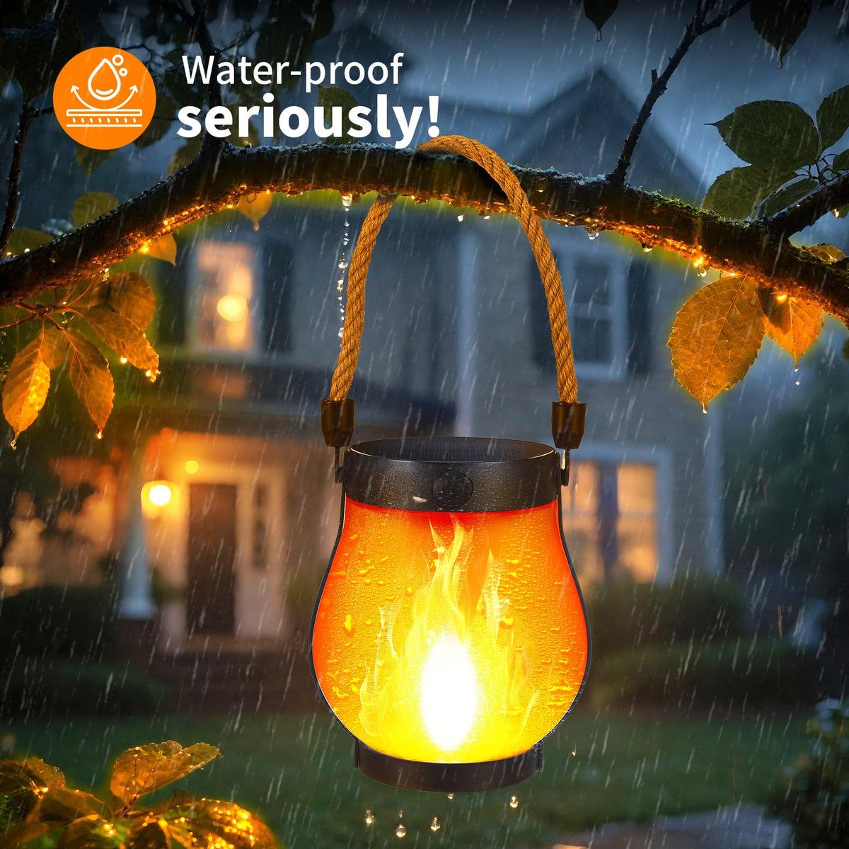 SANMOON solar flame lantern weatherproof IP65 rated against rain and snow