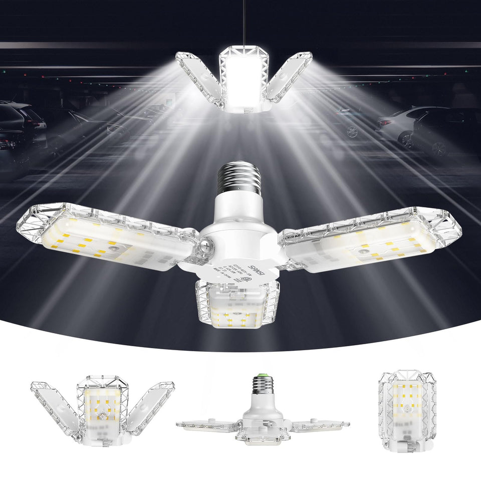 SANSI 3-panel deformable LED garage light with folded panels for compact, targeted brightness.