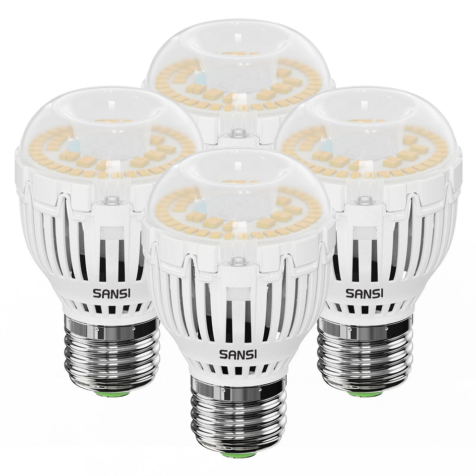 SANSI A15 LED bulb illuminated for bright home lighting.