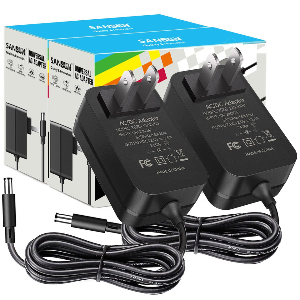 SANSUN 12V 2A power supply front view with cord.