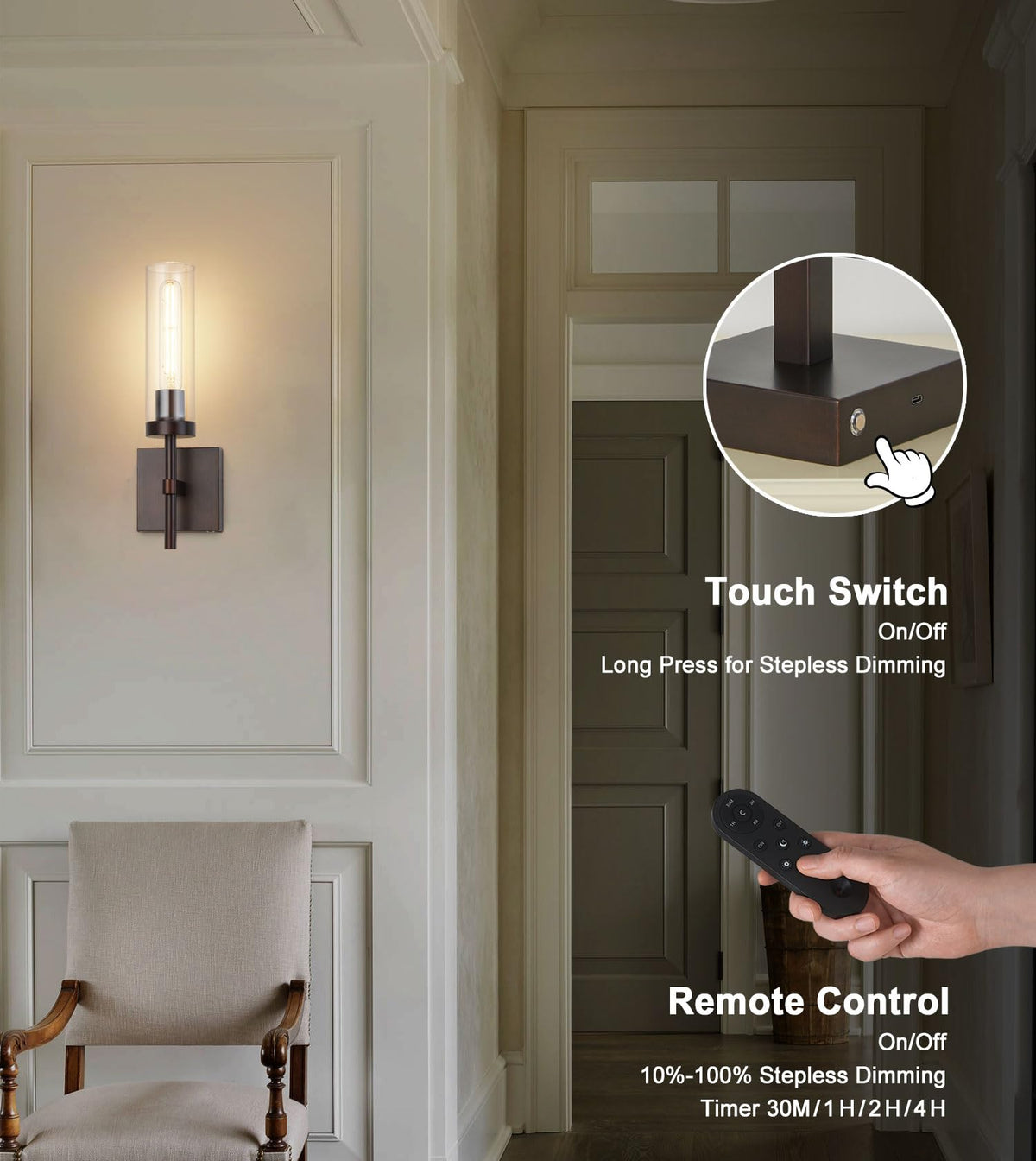 Close-up of touch switch on SANTOSTOCK sconce enabling easy brightness control