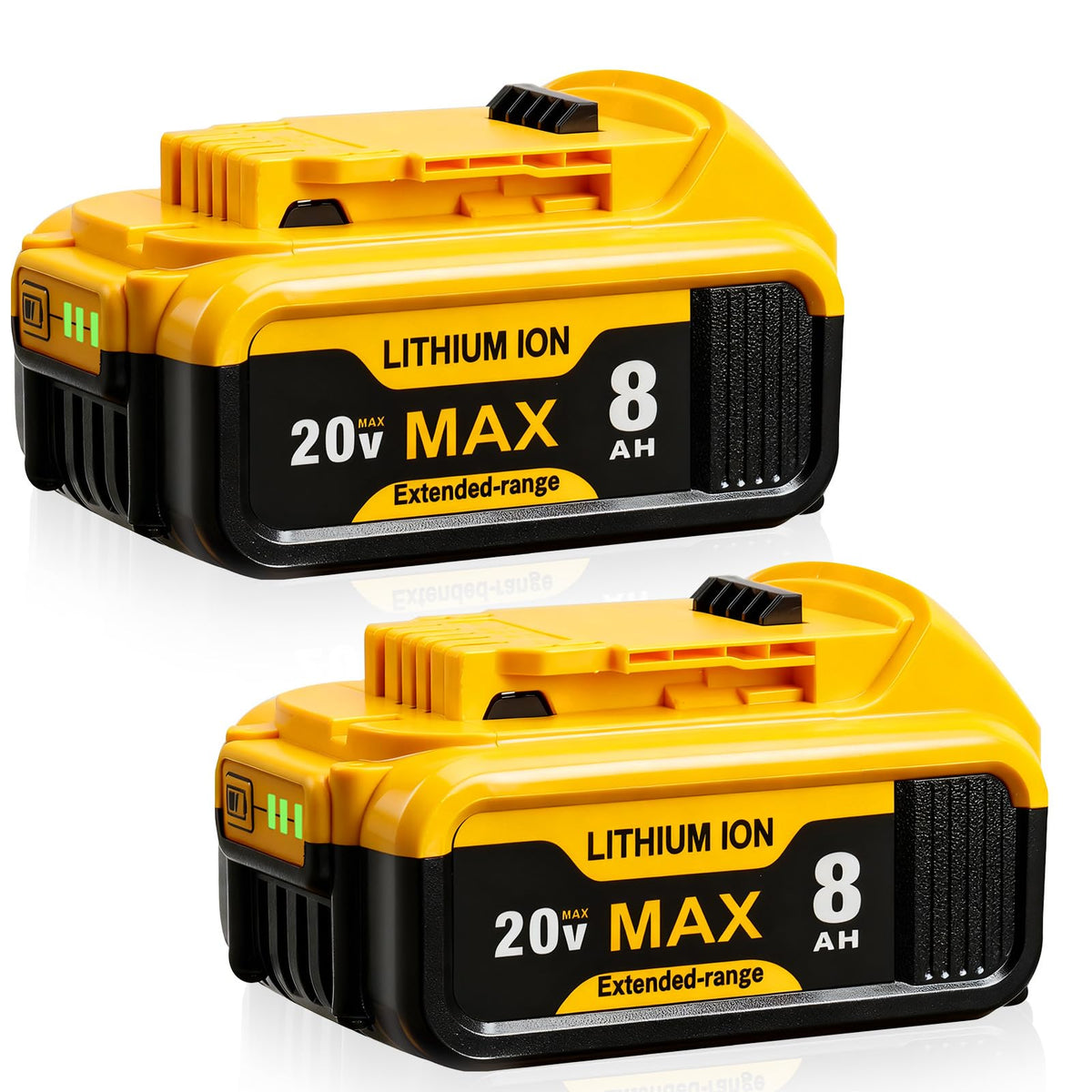 SANIU 2-pack 8.0Ah battery front view, compatible with Dewalt 20V tools.