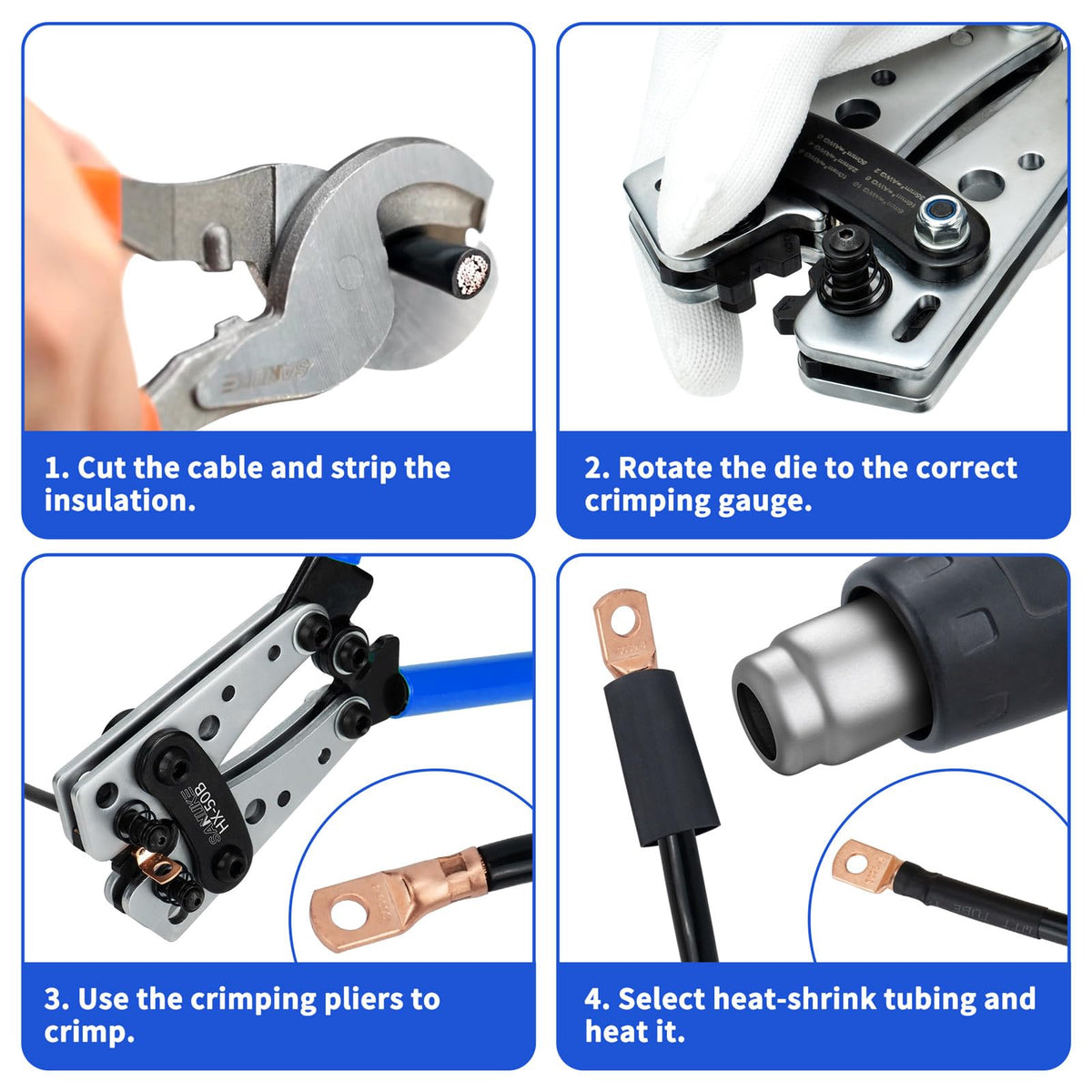 Sanuke battery cable crimping kit versatile for various sizes.