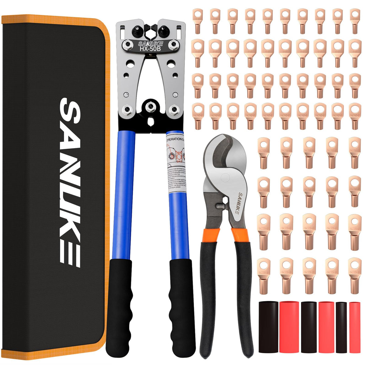 Sanuke battery lug crimping tool close-up showing precise jaw design for a strong, reliable crimp.