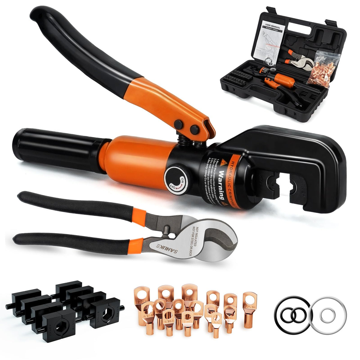 Sanuke hydraulic crimping tool with dies for durable electrical terminations.