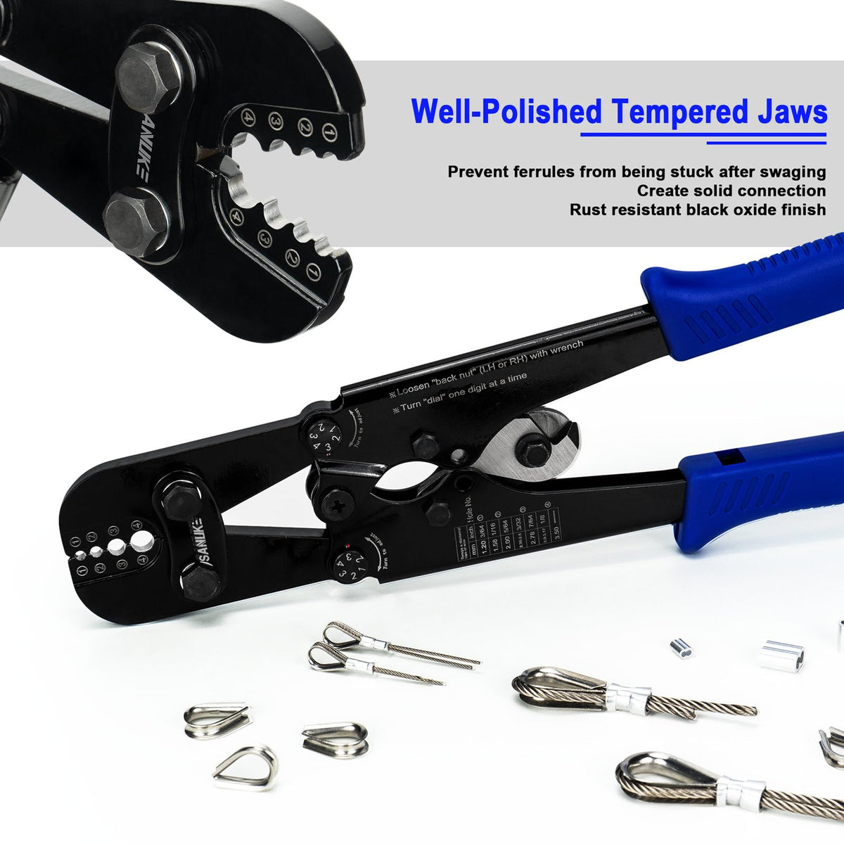 Sanuke integrated cutter close-up demonstrates trimming and crimping in one tool