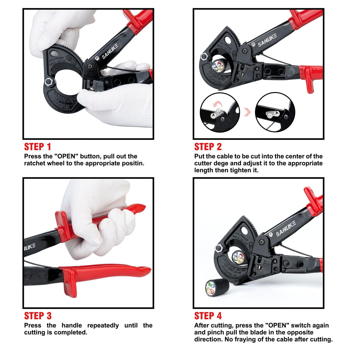 Sanuke ratchet cutter in use on soft-wire applications like telecom cables.