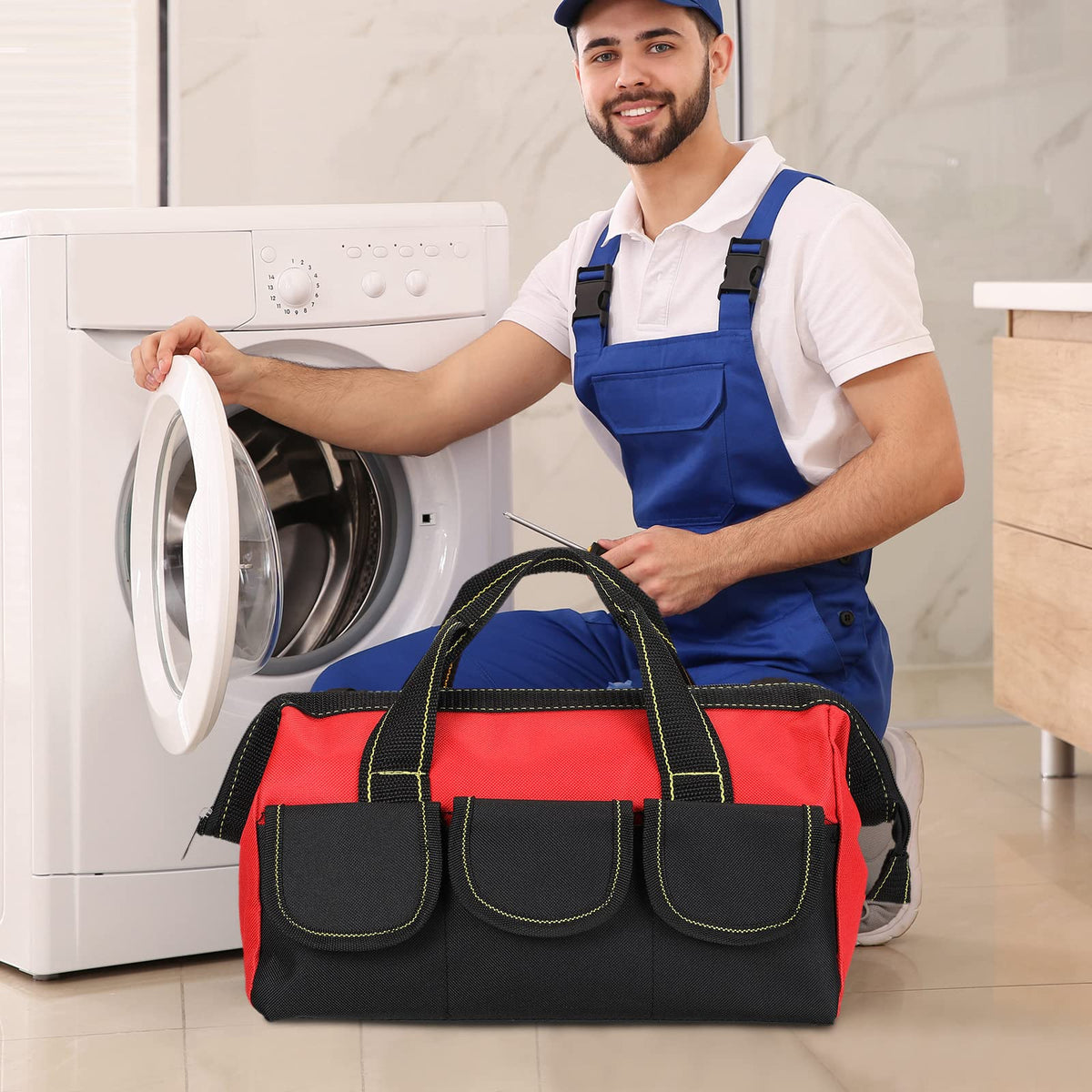 Sanwuta tool bag hard bottom adds durability for tough job sites.