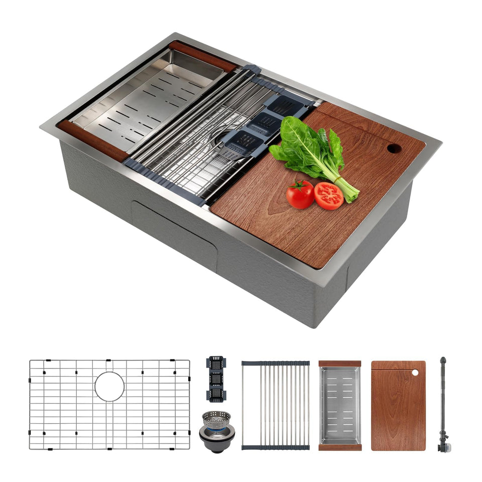 SANYCASA 30in undermount sink assembly shows sleek stainless profile for modern kitchens