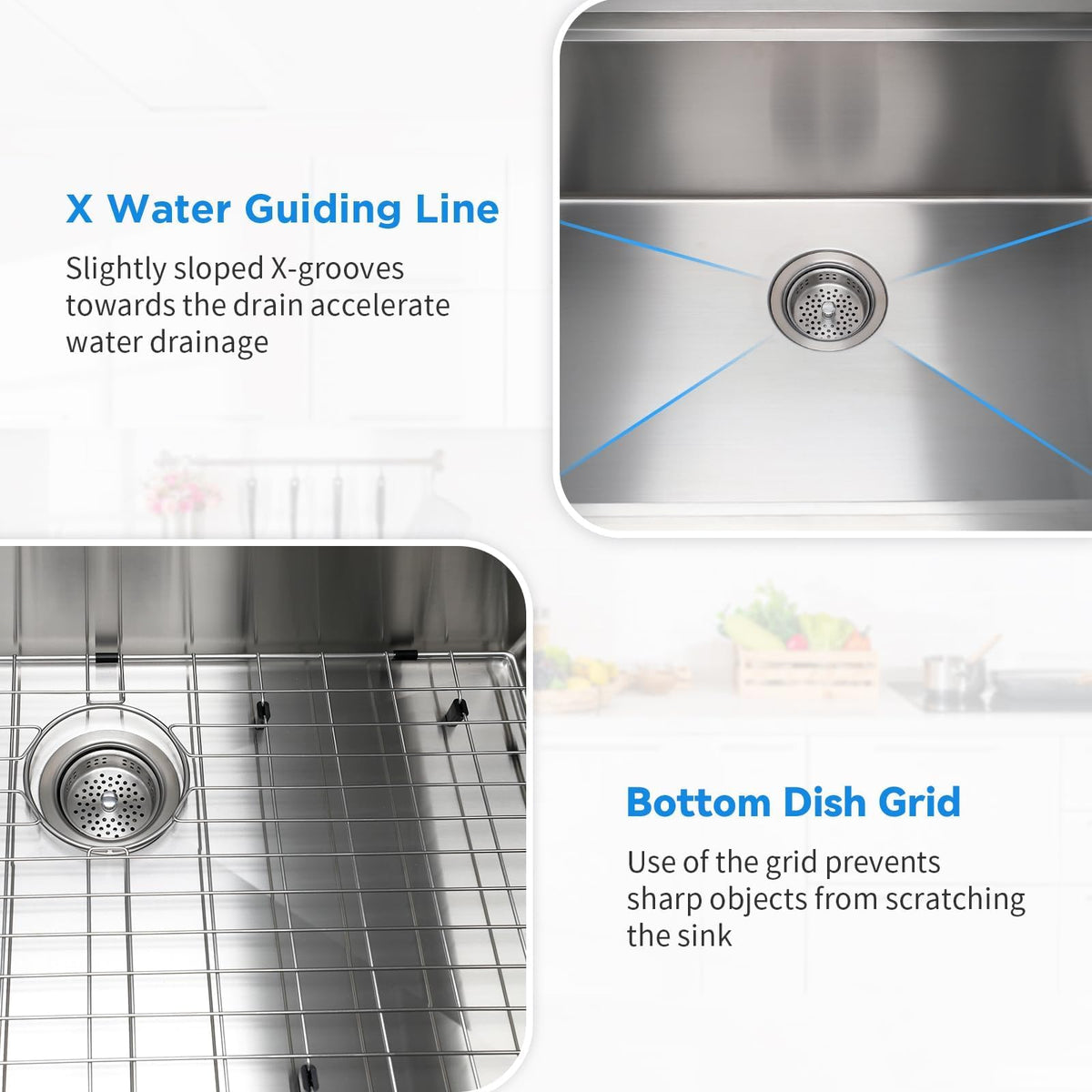 SANYCASA stainless steel bottom grid protects the bowl while draining