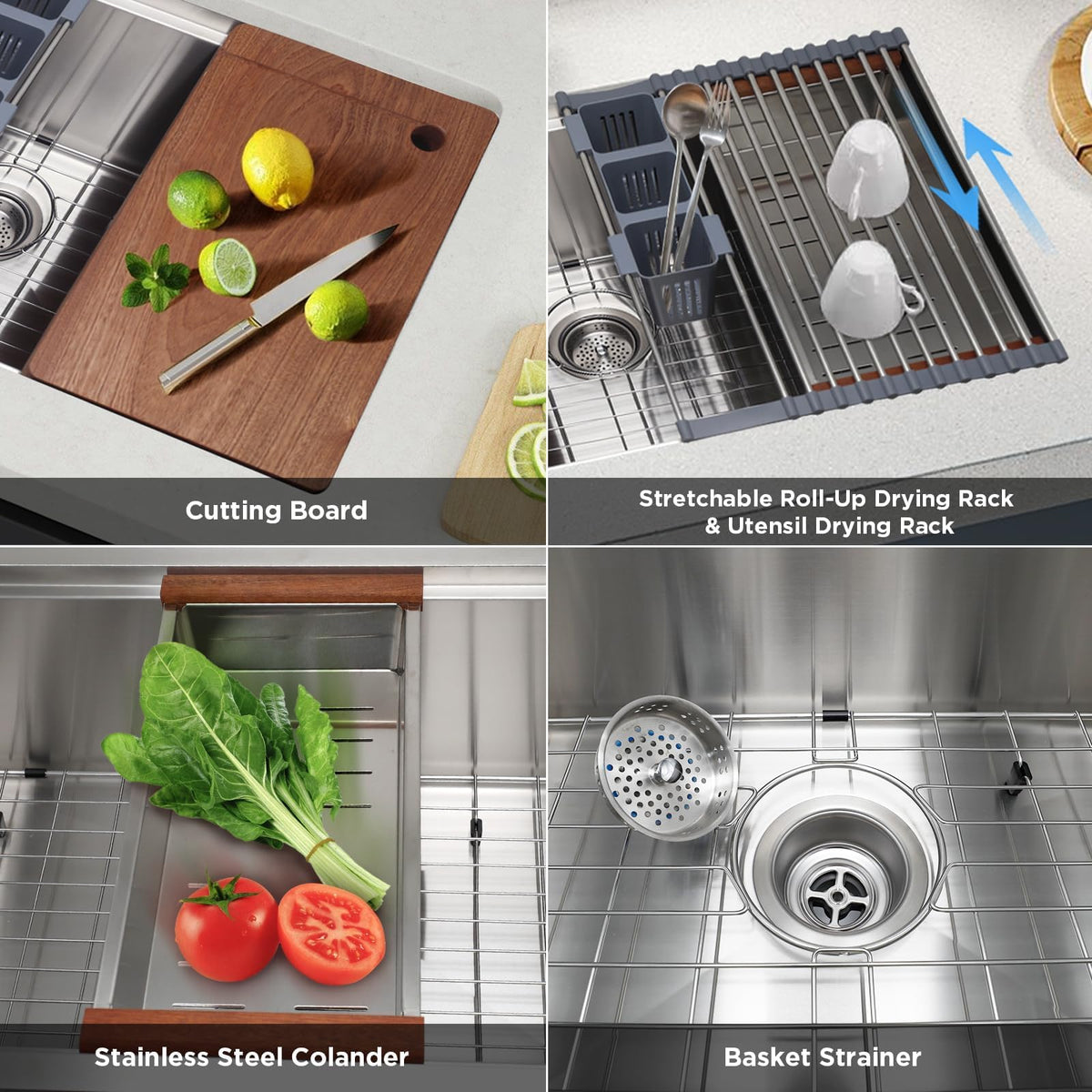 SANYCASA workstation colander in the rail for convenient rinsing