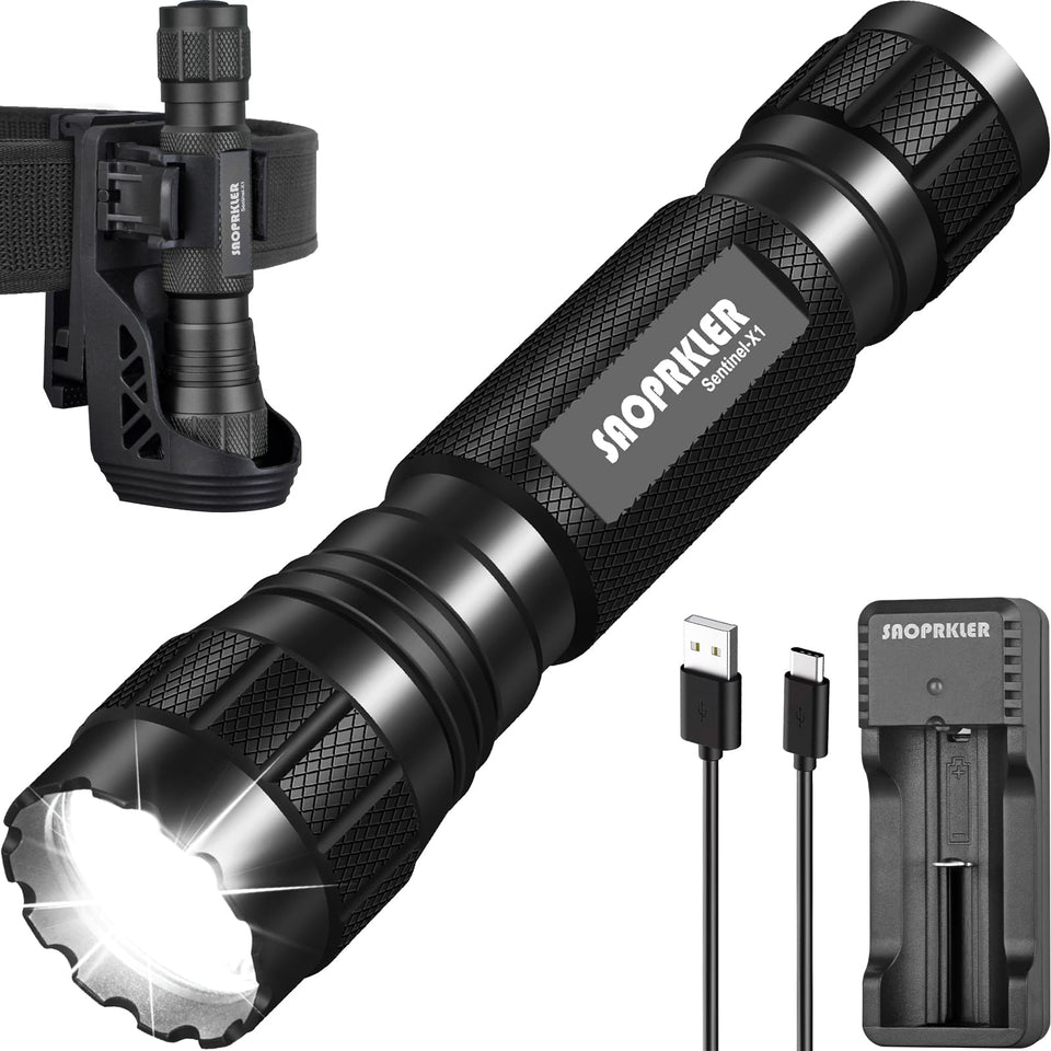 SAOPRKLER Sentinel-X1 flashlight body with rugged aluminum housing for tough environments.