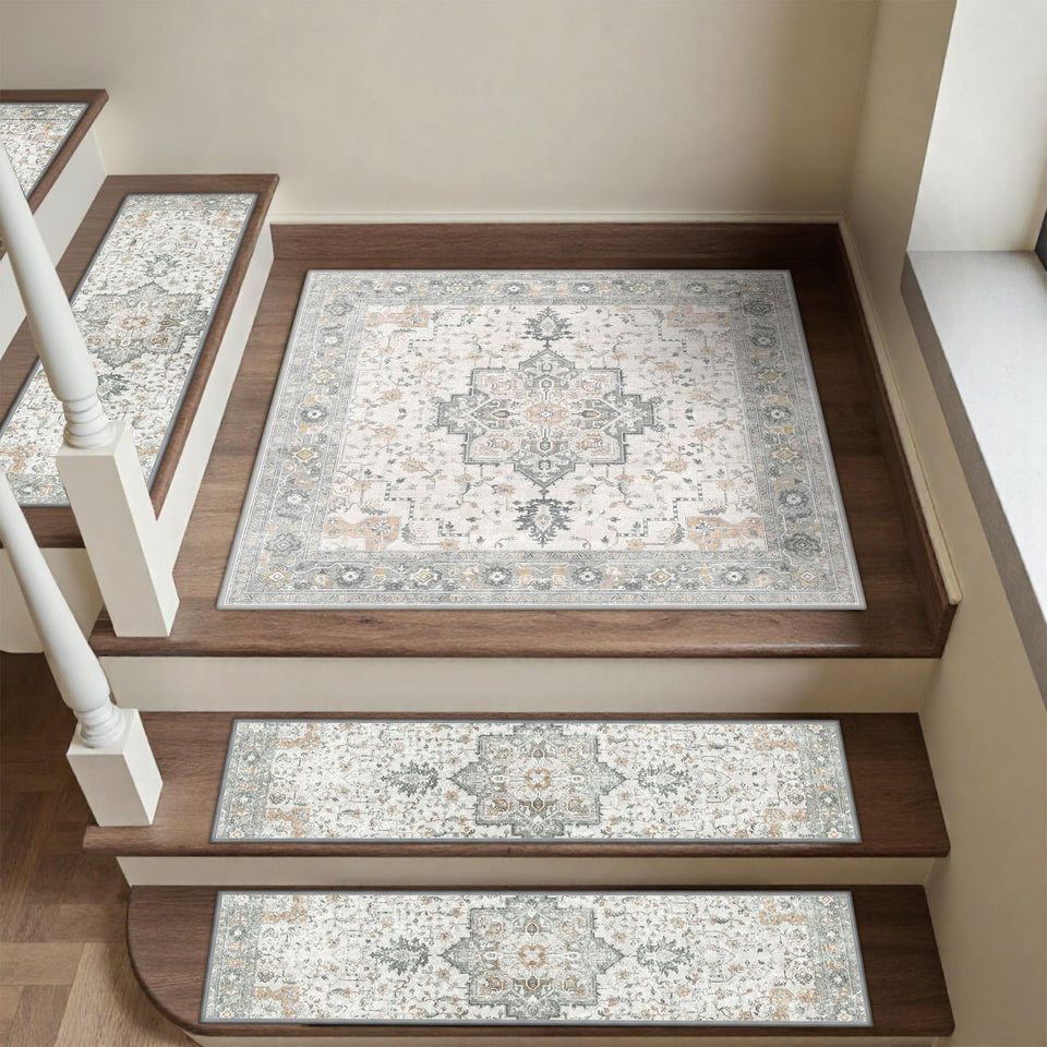 Sarben non-slip stair tread close-up with taupe floral texture and grip
