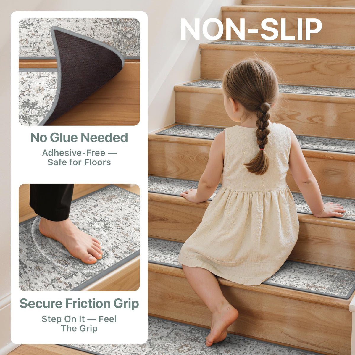 Easy peel-and-stick installation shown with Sarben stair treads