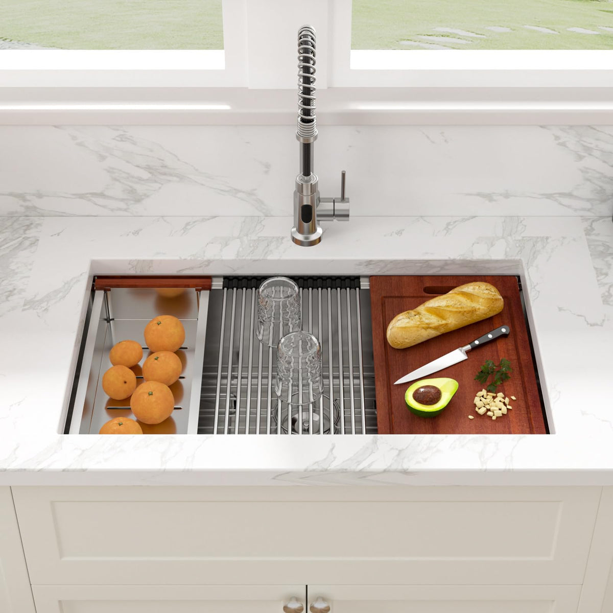 Sarlai workstation sink ledges track design for versatile board placement.
