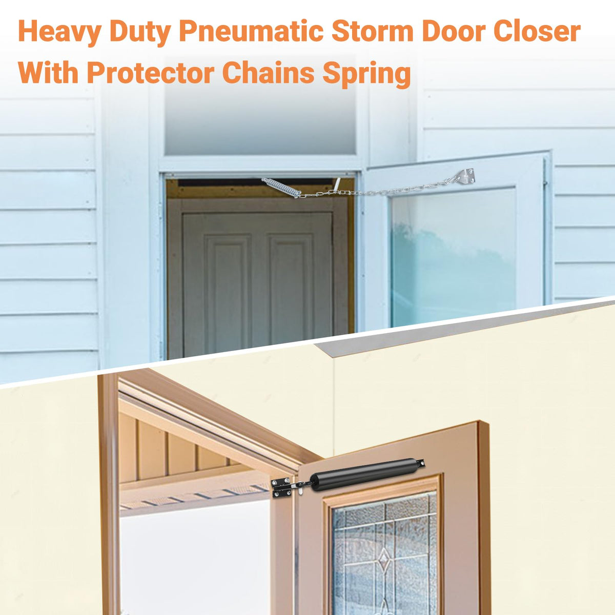 Sartatue storm door closer in use with a smoothly closing door