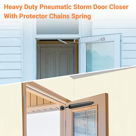 Sartatue storm door closer in use with a smoothly closing door