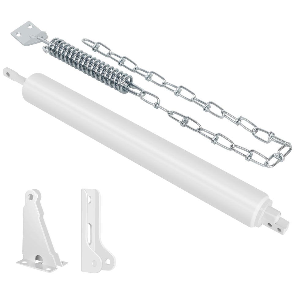 Sartatue storm door closer white body on exterior door; durable, rust-resistant.