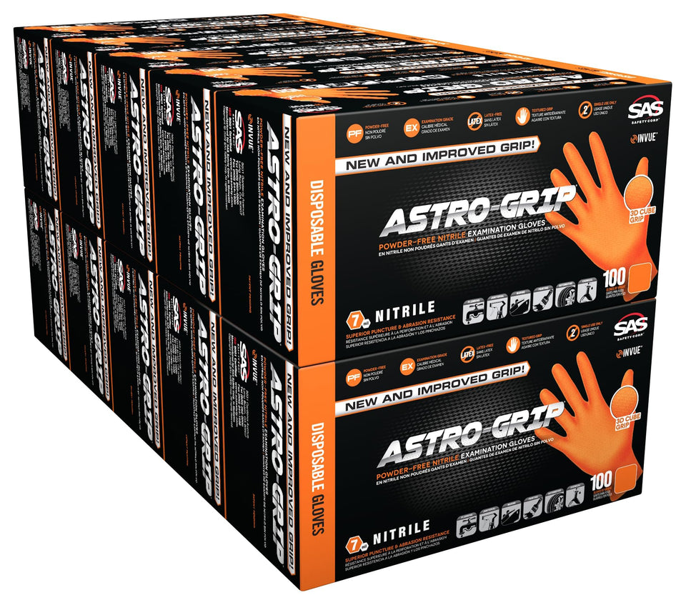 SAS Astro-Grip orange nitrile gloves with 7 mil thickness for strong grip on tools.