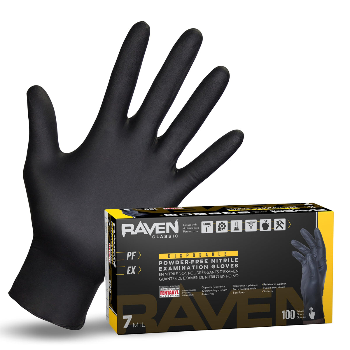 SAS Raven 7 mil black nitrile gloves in pack for reliable protection during tasks