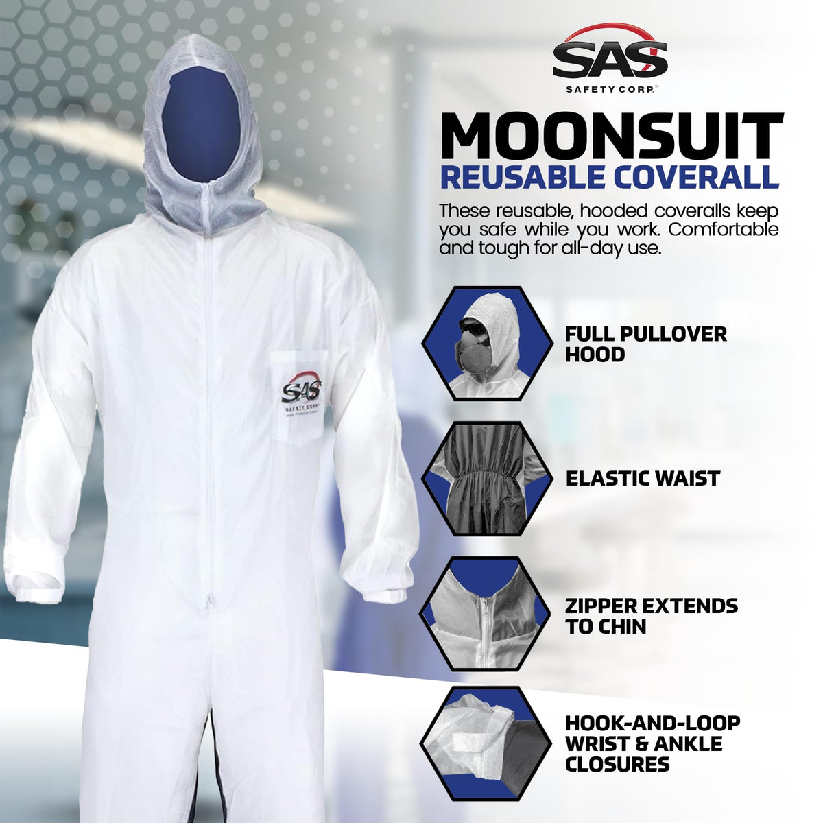SAS Safety 6938 Moon Suit back view; breathable cotton back for comfort