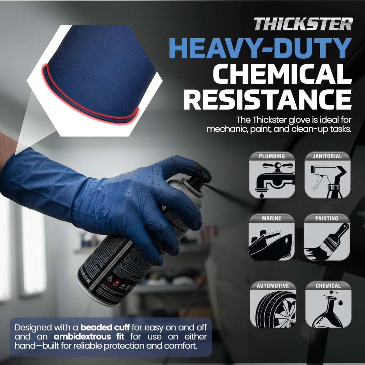 SAS Thickster blue gloves with beaded cuff ease donning and secure fit.