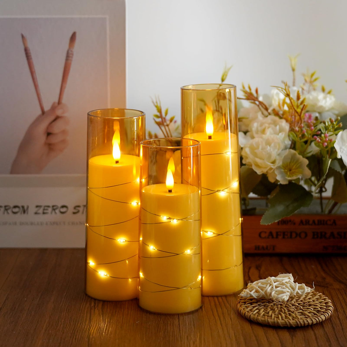 Gold Sasigeiaa candle set adds elegant décor and flame-free ambiance.