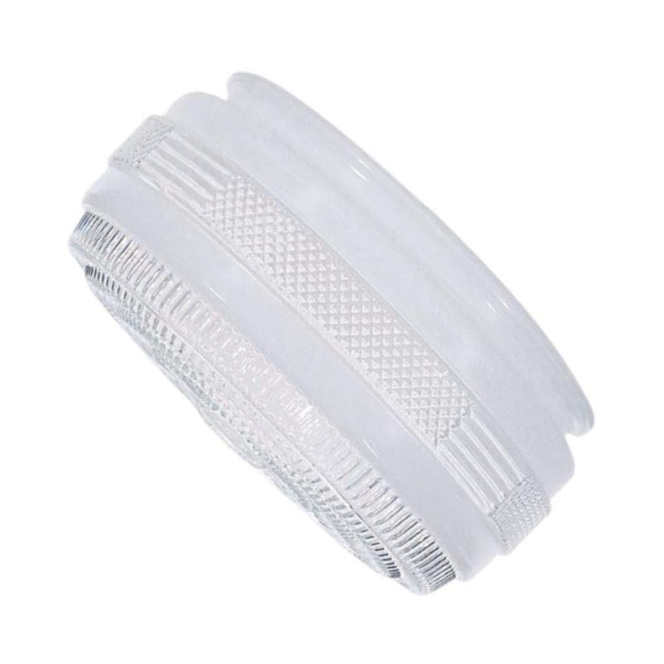 Satco 8-inch drum glass shade with white exterior, clear interior for bright, clean lighting.